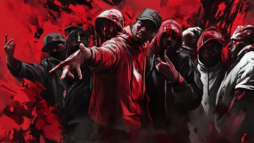 Urban rap collective in red-black kinetic digital stylization.