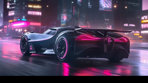 Futuristic hypercar cuts neon street in cinematic night rain