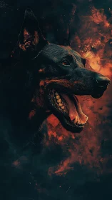 Infernal canine portrait in ember-lit chiaroscuro style.