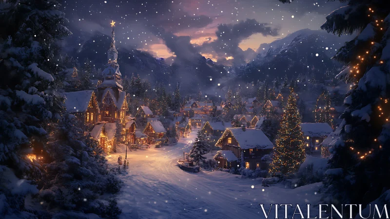 Snow-laden alpine village renders layered bokeh lighting dynamics