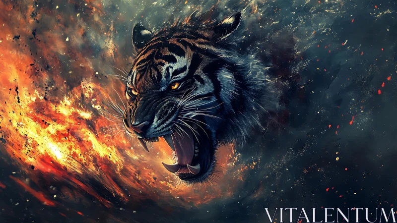 Fierce blazing tiger spirit roaring through swirling fire.