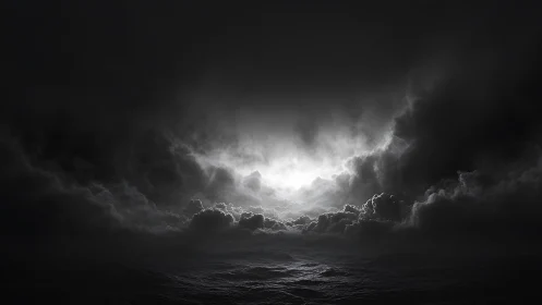 Storm-wracked seascape under blinding rift of light.