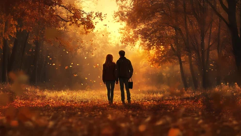 Two Silhouetted Figures in Autumn Forest with Luminous Bokeh Canopy