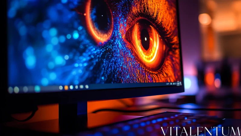 Glowing cybernetic eye blazes across a vivid desktop monitor