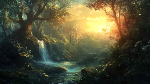 Enchanted Waterfall Through Sunlit Forest Canopy.