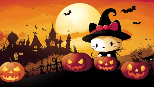 Haunted landscape composition with seated figure wearing witch hat among jack-o-lanterns