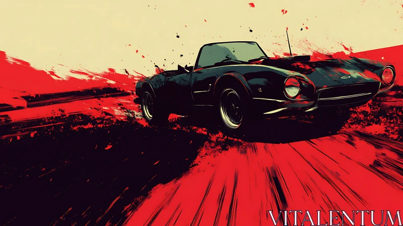 Black sports car cuts red abstract speed trails hard.