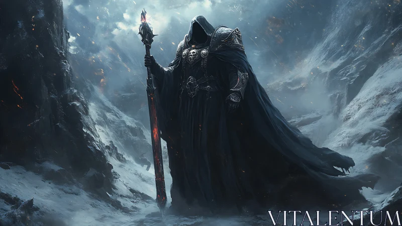 Dark warlock stands in frozen canyon beneath storm light