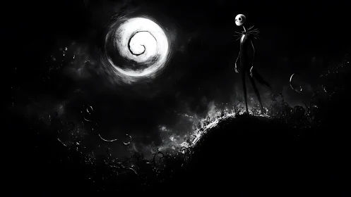Skeletal figure under spiral moon on dark twisted hill.