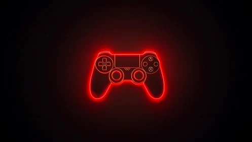 Neon red game controller outline on dark background.