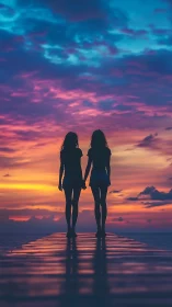 Silhouetted friends hold hands under a radiant sunset sky.