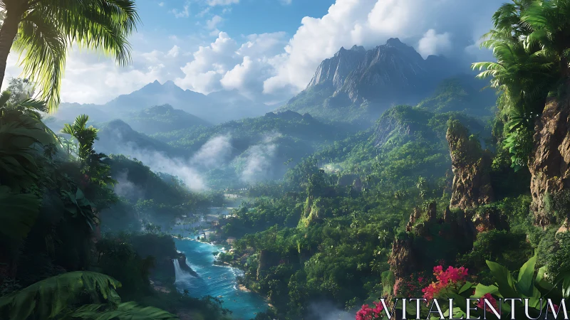 Tropical Mountain Valley with River and Lush Vegetation