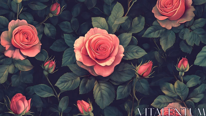 Layered Coral Roses with Deep Foliage. Botanical Digital Rendering.