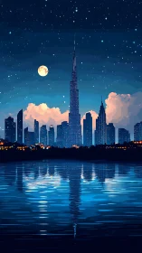 Night city skyline reflects in calm water under starry sky