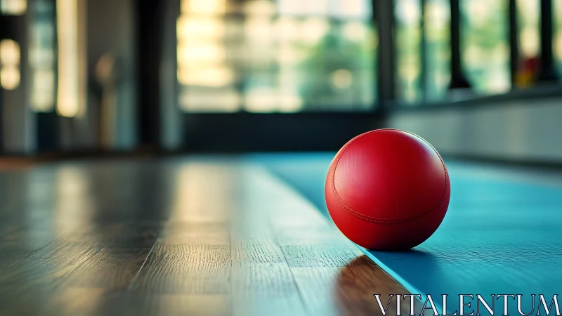 Red textured exercise ball on blue mat in sunlit studio