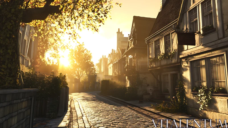 Golden sunrise warms a quiet cobblestone village street