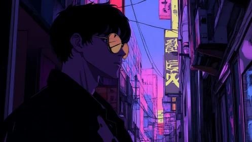 Neon glasses mirror a midnight city humming in violet code