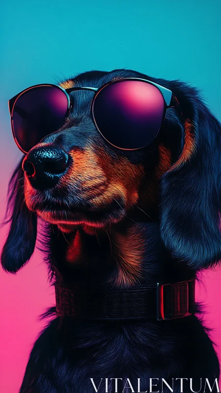 Dog wearing reflective sunglasses is lit by neon lighting