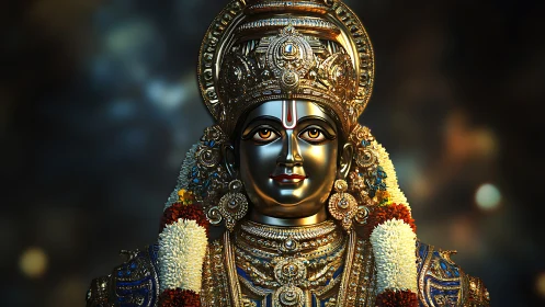 Photorealistic deity idol portrait with ornate metallic detailing.