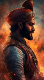 Regal warrior stands proud in glowing embers and soft light