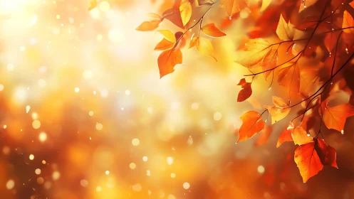 Sunlit autumn leaves glow in warm golden bokeh haze.
