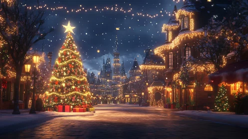 Majestic town square Christmas tree glows under falling snow.