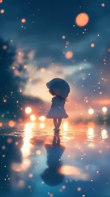 Dreamy child silhouette over glowing twilight water.