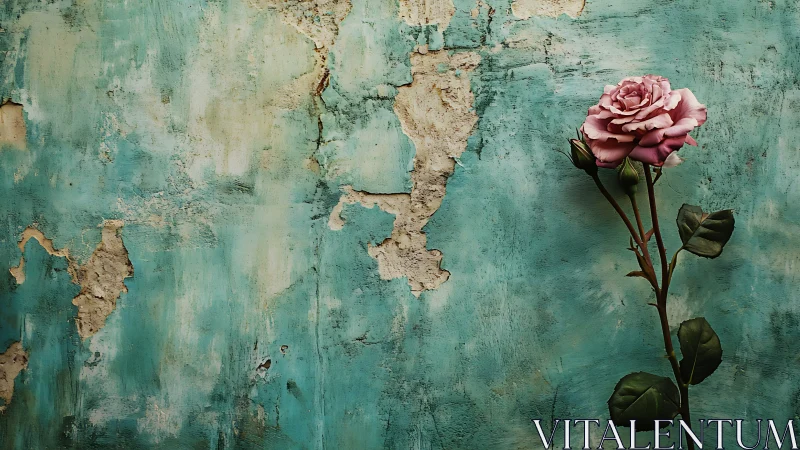 Photorealistic rose against distressed turquoise plaster wall.