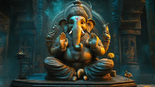 Majestic Ganesha idol glows in mystical temple ambience