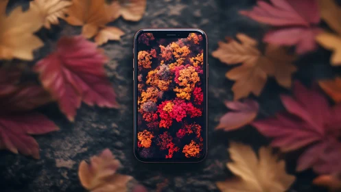 Smartphone screen displays high-saturation aerial autumn foliage imagery