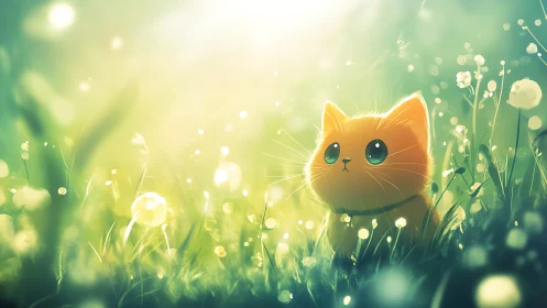 Luminous Feline Discovers Wonder in Dandelion Dreams