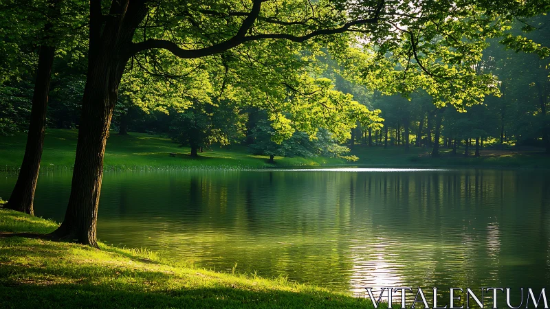 Sunlit woodland pond where quiet green light lingers.