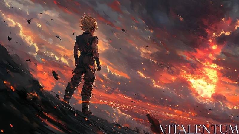 Superpowered warrior under burning apocalyptic sky.