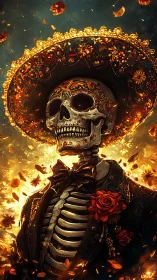 Flaming mariachi skeleton crowned in marigold splendor.