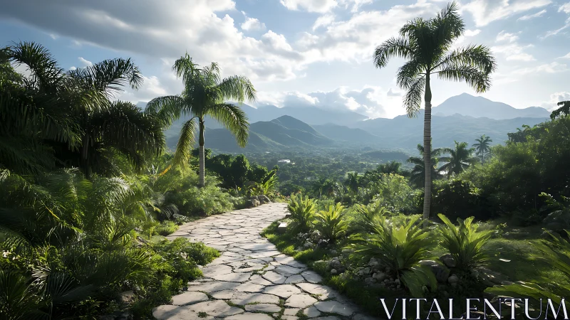 Sunlit stone path wandering through lush tropical valley.