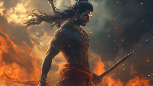 Warrior deity in fiery storm with sword and beads.