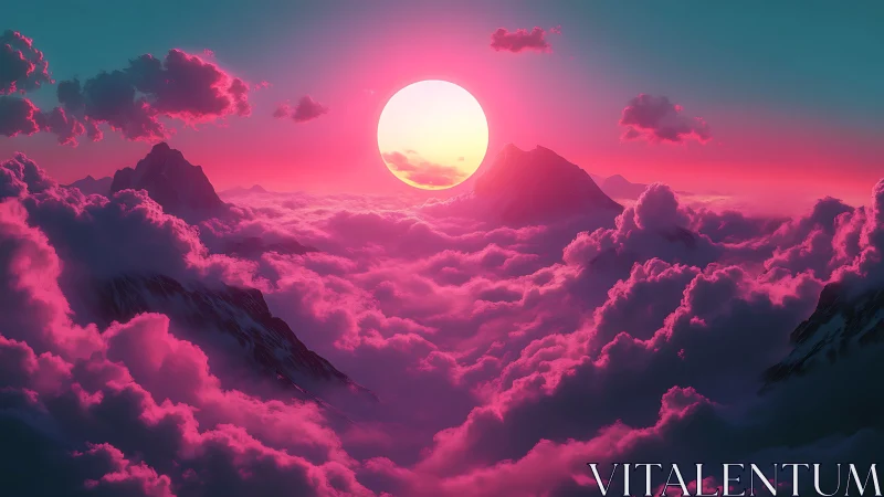 Neon pink sunset above cloudy mountain peaks in sky.