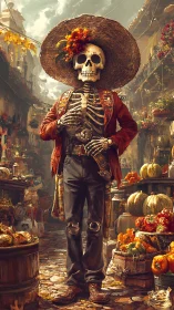 Skeleton street vendor in festive market scene at dusk.