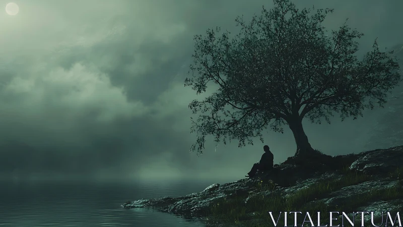 Moon-soaked loner beneath a brooding lakeside tree.