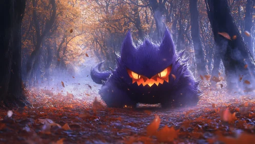 Ferocious purple monster stalking through misty autumn forest.