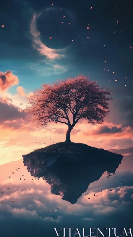 Solitary tree stands on floating island against crescent sky
