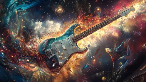 Electric guitar drifts through luminous cosmic nebula storm