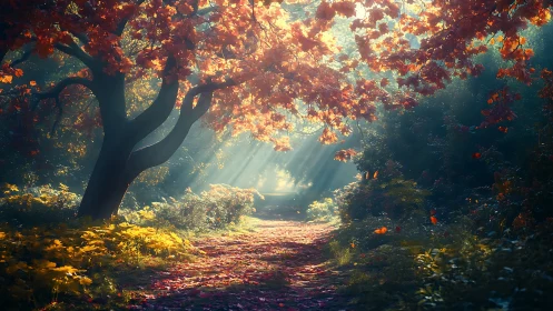 Autumn Forest Path with Golden Canopy Light.