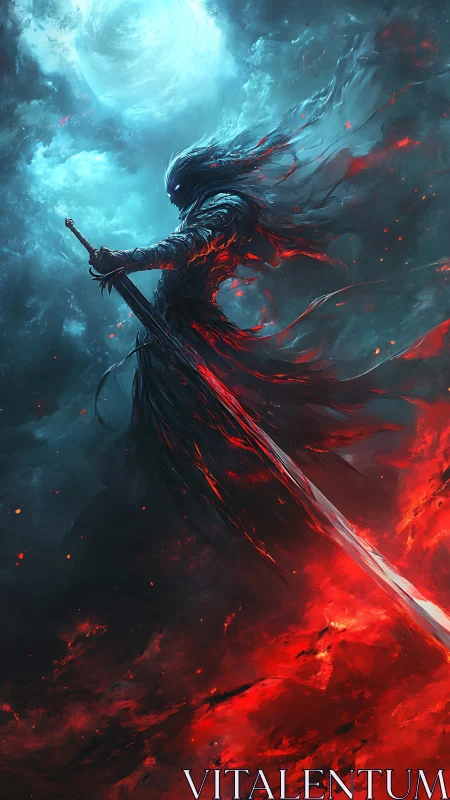 Celestial void knight amid lunar backlight, vertical digital painting.