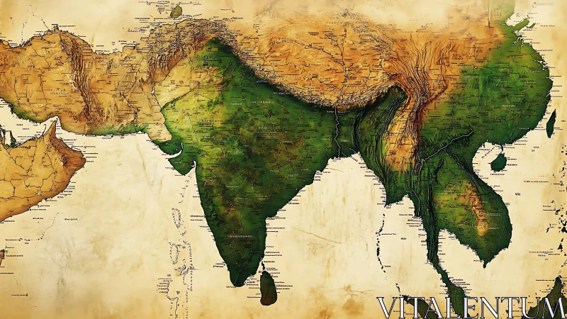 Textured vintage map of South and East Asia in earth tones.