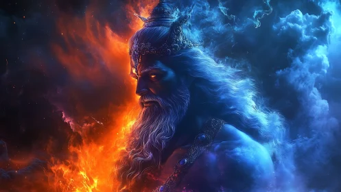 Mythic dual-element deity in profile amid fire and storm clouds