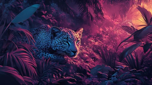Leopard's Neon Jungle: A Mystical Encounter in Twilight.