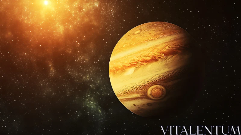Golden Jupiter drifting in a warm, star-swept cosmos.