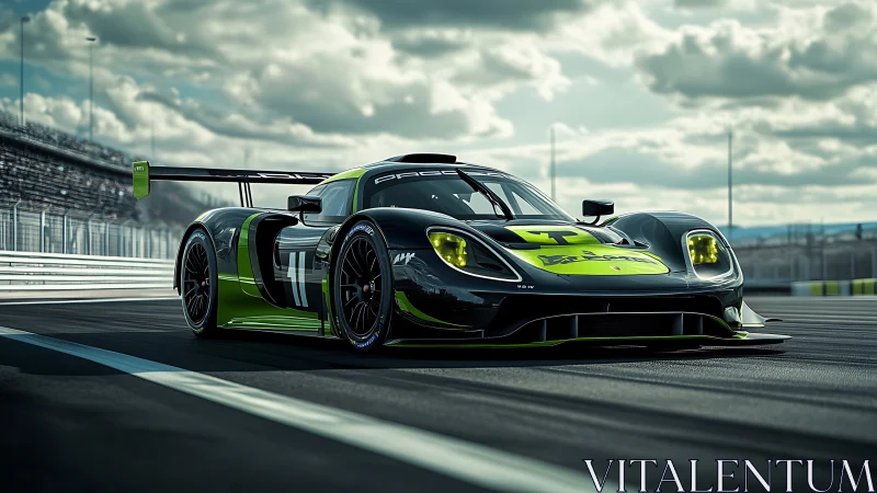 Neon track predator races under storm-brushed circuit skies.