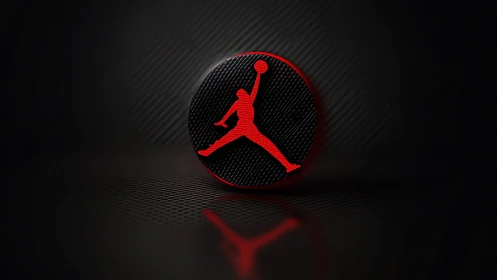 Red silhouette emblem on textured circular black surface.